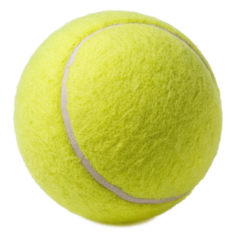 Closeup view of a single bright yellow tennis ball with its fuzzy surface and visible seam png