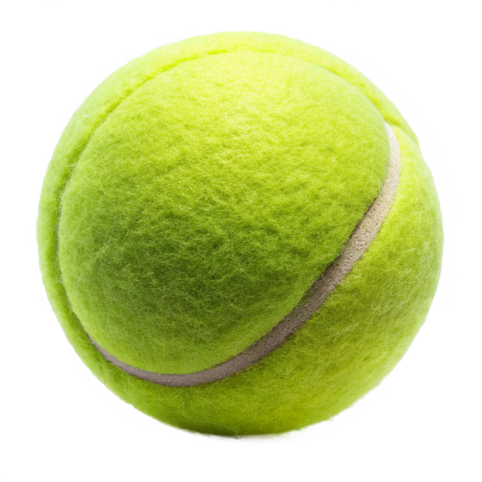 Closeup view of a bright yellow tennis ball with fuzzy texture and visible seam png