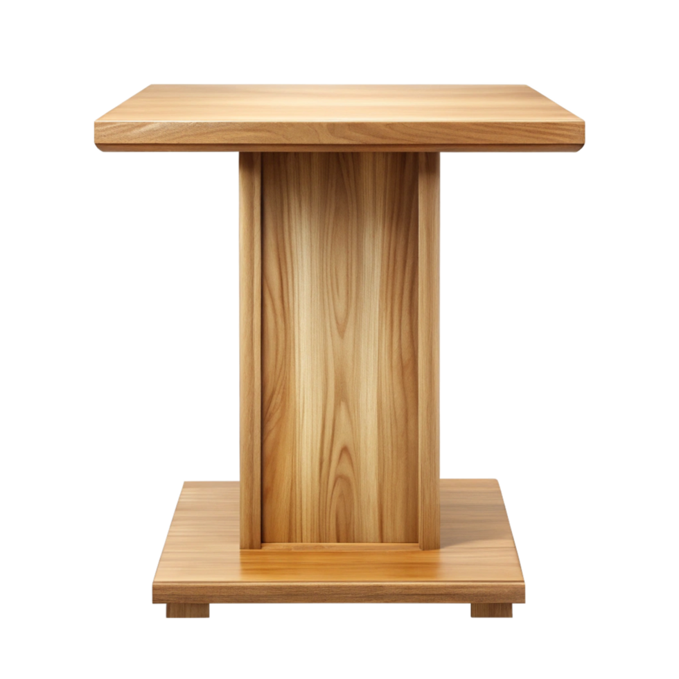 Elegant Modern Light Brown Wooden Table with Square Top and Thick Central Support png