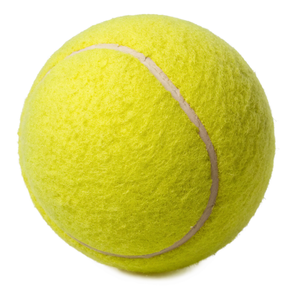 A single bright yellow tennis ball, showing its fuzzy surface and the distinct seam, is presented against a black background png