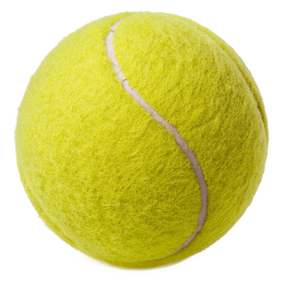 Closeup view of a vibrant yellow tennis ball with its characteristic fuzzy surface and distinct seam png