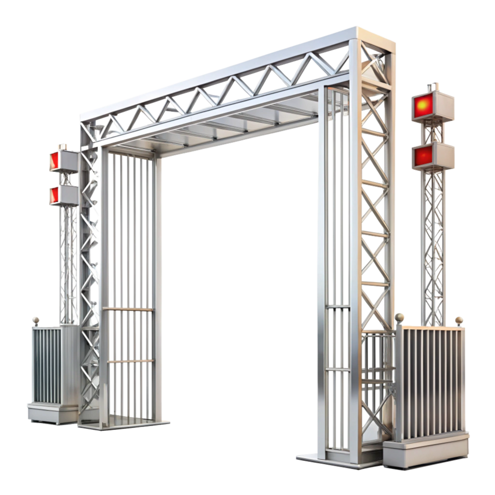 Modern Metal Entrance Archway with Red Lights and Steel Gate png