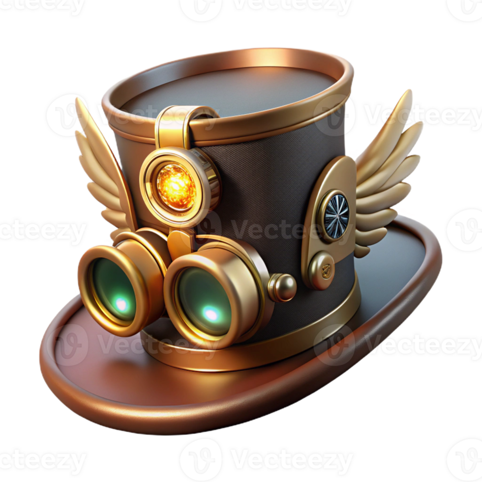 serene contemporary A steampunk top hat with intricate gears, goggles, and miniature brass wings, lit by a single spotlight original png