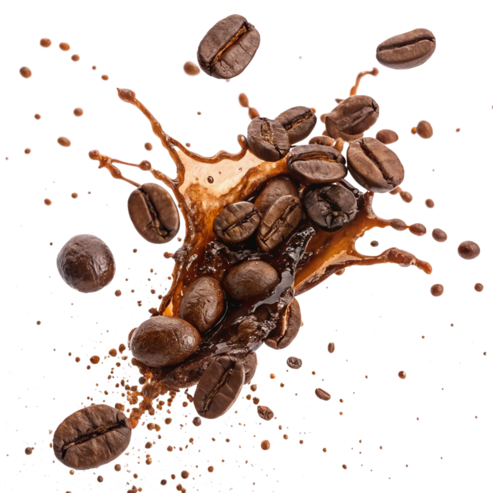 Coffee Beans Splashing in Brown Liquid Dynamic Movement Energy Burst png