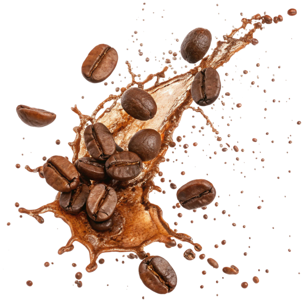Coffee Beans Splashing and Flying in Air, Brown Liquid Explosion png