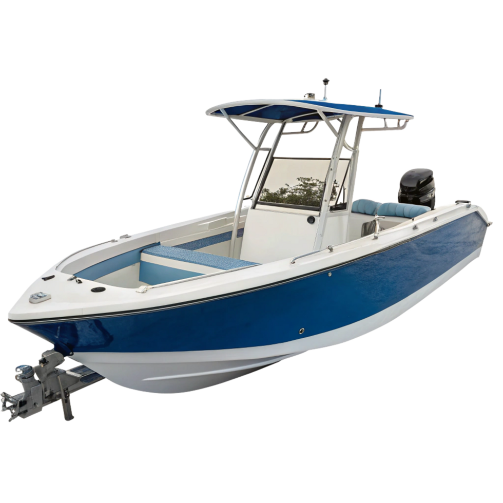Blue and White Center Console Boat with TTop and Outboard Motor png