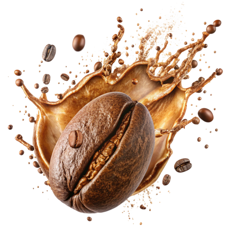 A large coffee bean in a splash of coffee liquid with coffee beans flying around png
