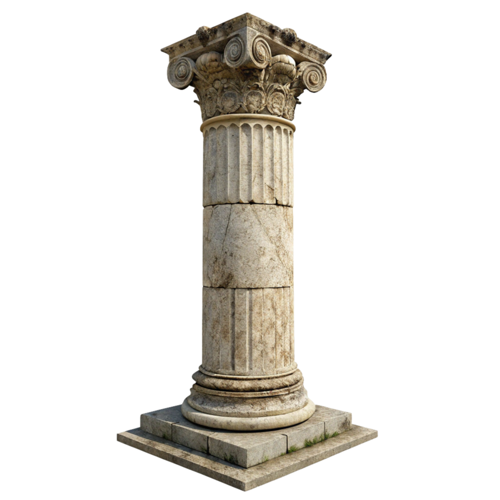 Ancient Greek style stone column with weathered capital and base on a square pedestal png
