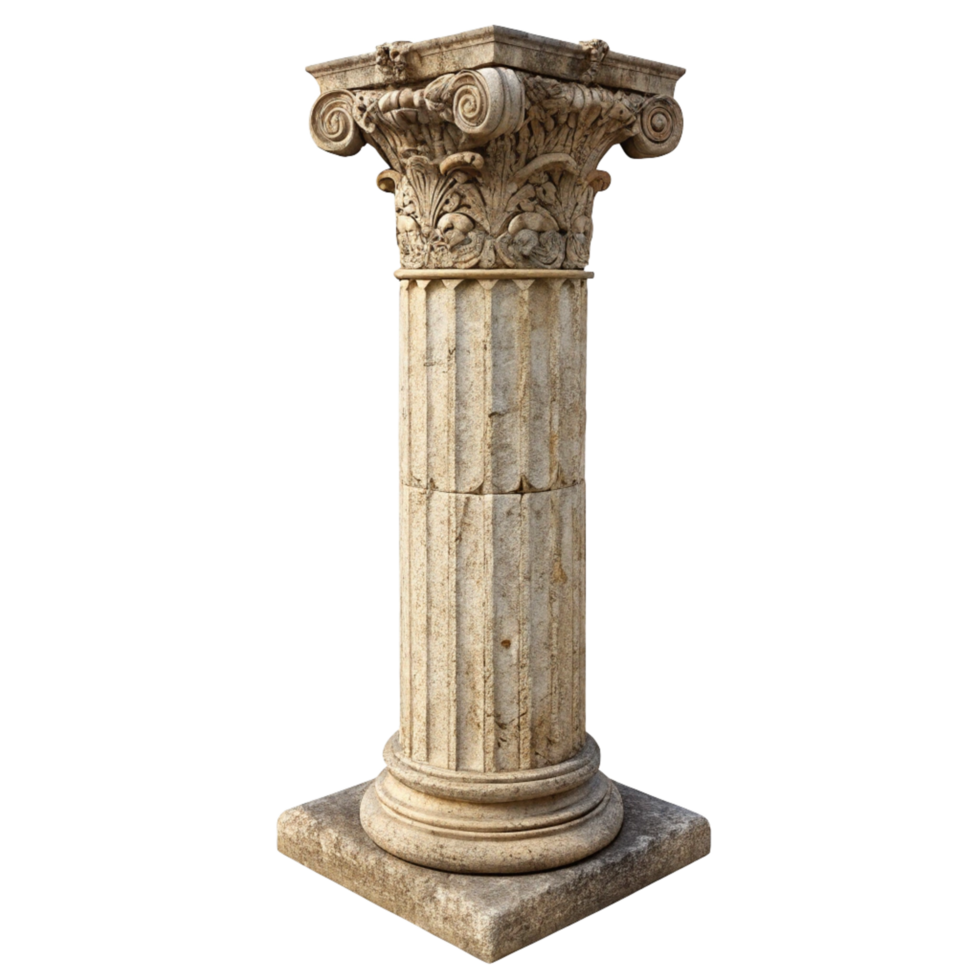 Ancient Roman Stone Column with Intricate Carvings and Square Base png