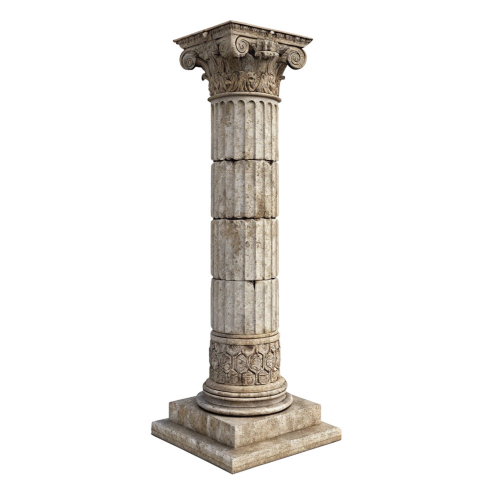 Ancient Roman or Greek Style Stone Column with Intricate Carvings and Square Base png