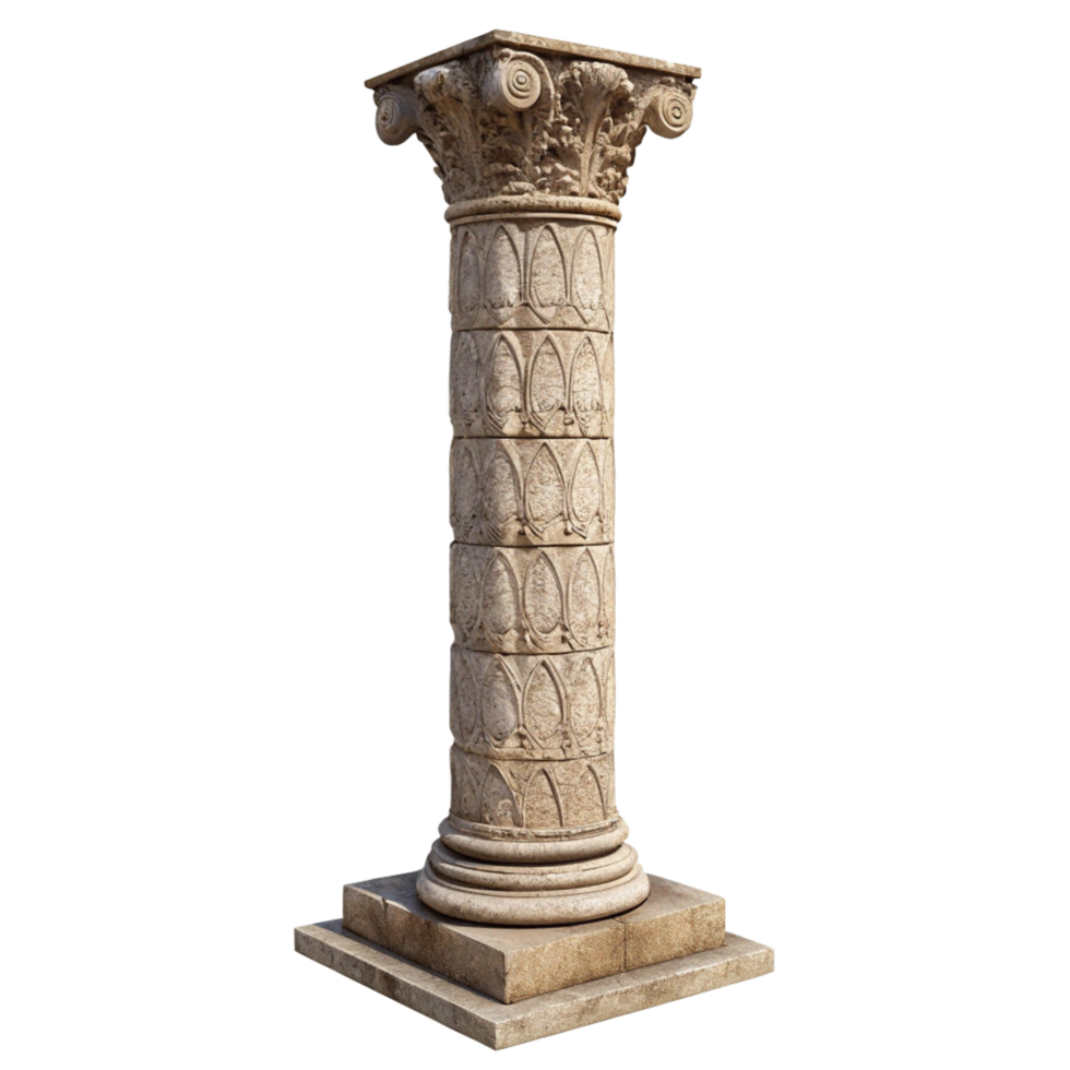 Ancient Roman Style Stone Column with Intricate Carvings on a Square Base png