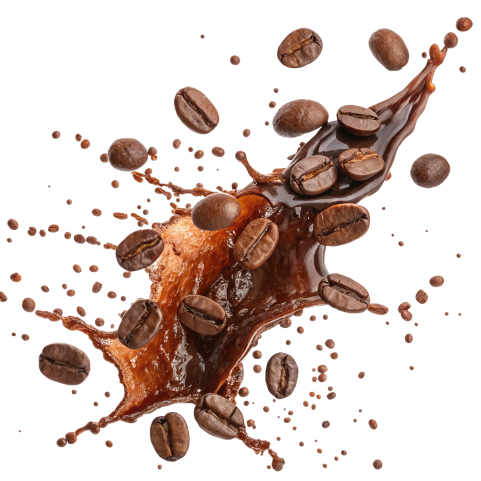 Coffee Beans Splashing in Dark Brown Liquid Dynamic Movement Freeze Motion Photography png