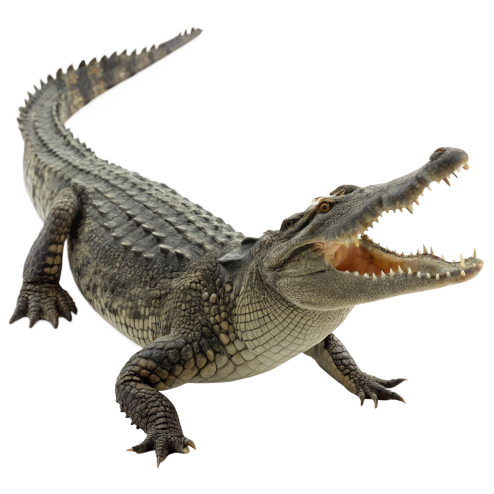 A magnificent crocodile with its jaws wide open showing sharp teeth, powerful legs and scaly skin against a black background png