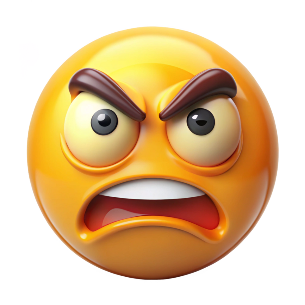 An Angry 3D Rendered Emoticon with Frowning Brows and Open Mouth png