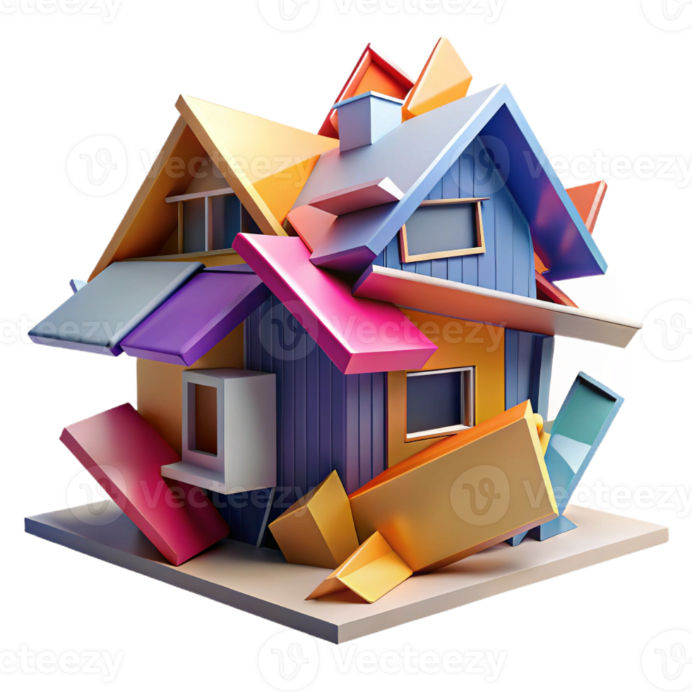 wonderful modern Deconstructivist house, fragmented forms, tilted planes, vibrant colors, dramatic lighting, abstract painting style professional png