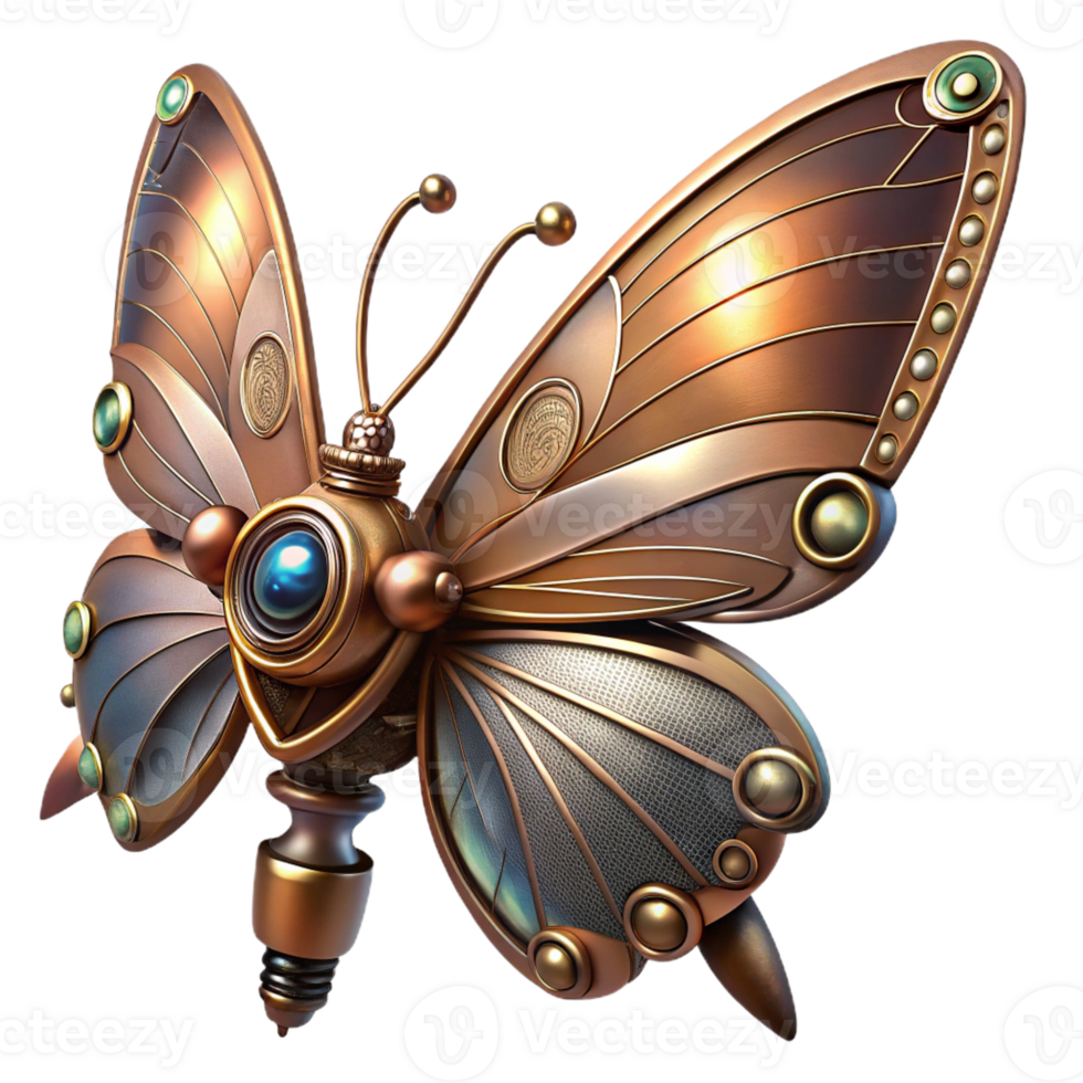dramatic artistic A steampunk butterfly with delicate copper wings, intricate clockwork, and glowing sapphire eyes, fluttering in the air genuine png