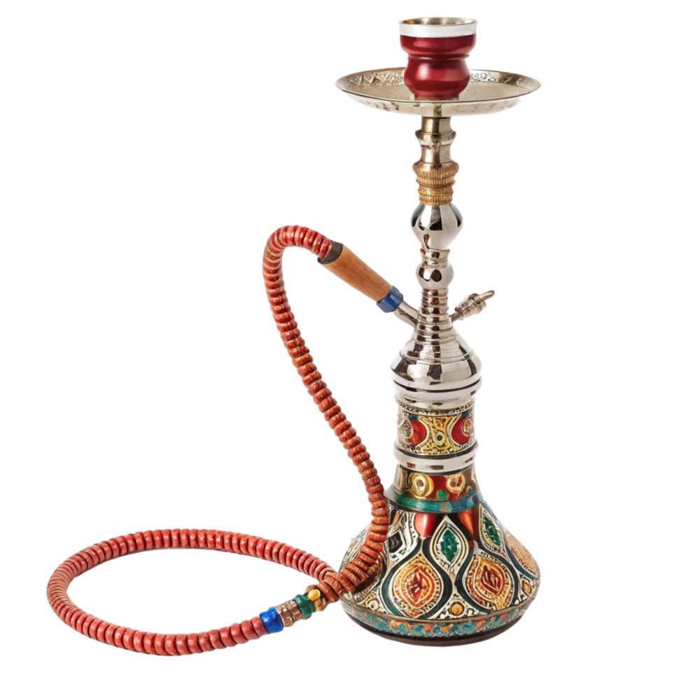 Ornate and Colorful Hookah with Red Hose and Intricate Metalwork png