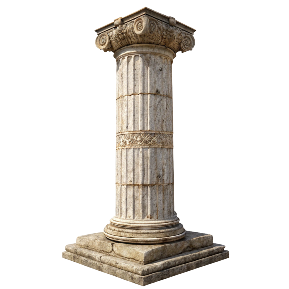 Ancient Greek Style Stone Column with Intricate Details and Weathered Texture on a Square Base png