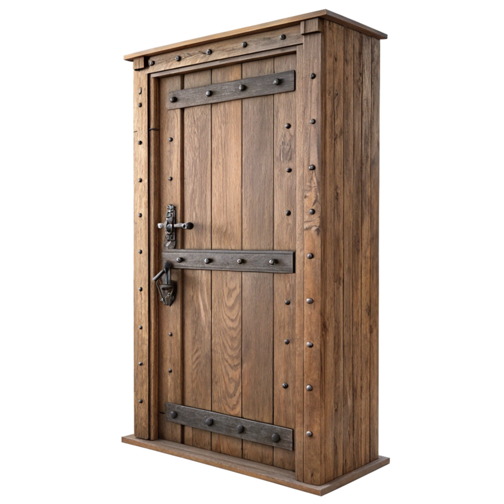 Rustic Wooden Door with Metal Accents A MedievalStyle Cabinet Door png