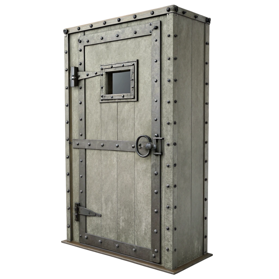 Rustic Medieval Style Metal and Wood Cabinet with Single Door and Small Window png