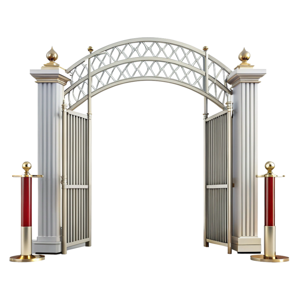 Elegant arched entrance gate with ornate details and golden accents png