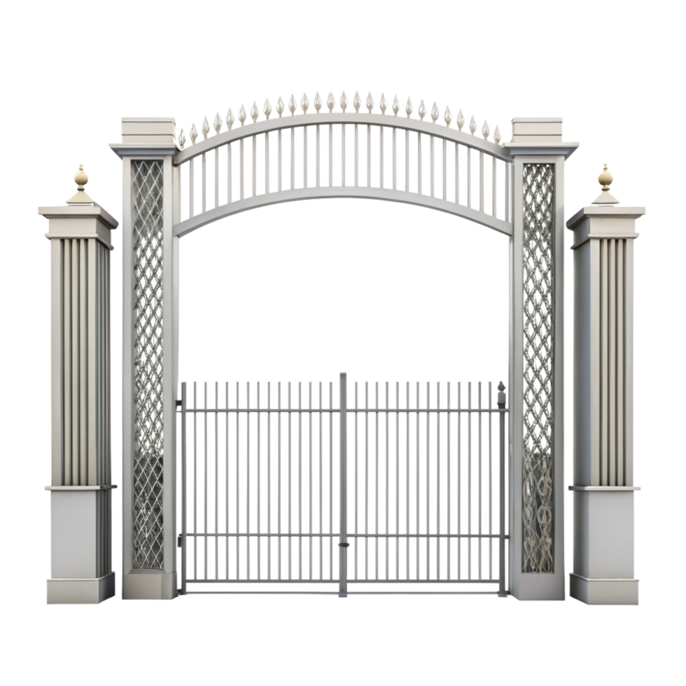 Elegant White Aluminum Archtop Gate with Ornate Pillars and Finials png