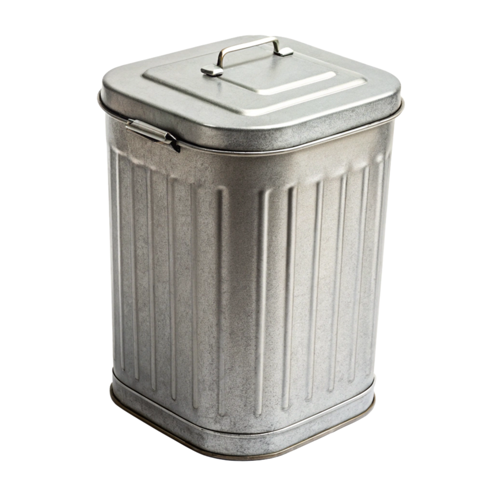 A square galvanized metal trash can with a hinged lid and a carrying handle on top png