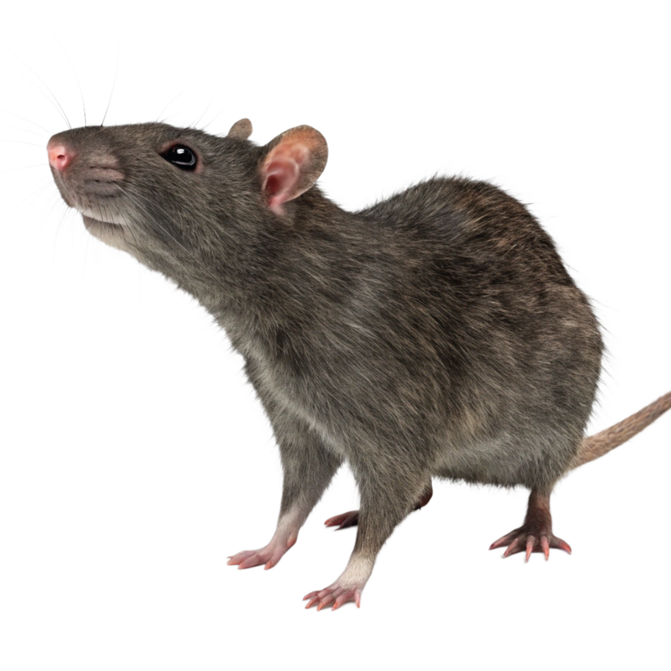A Detailed Closeup of a Grey Rat Looking Upwards Against a Black Background png