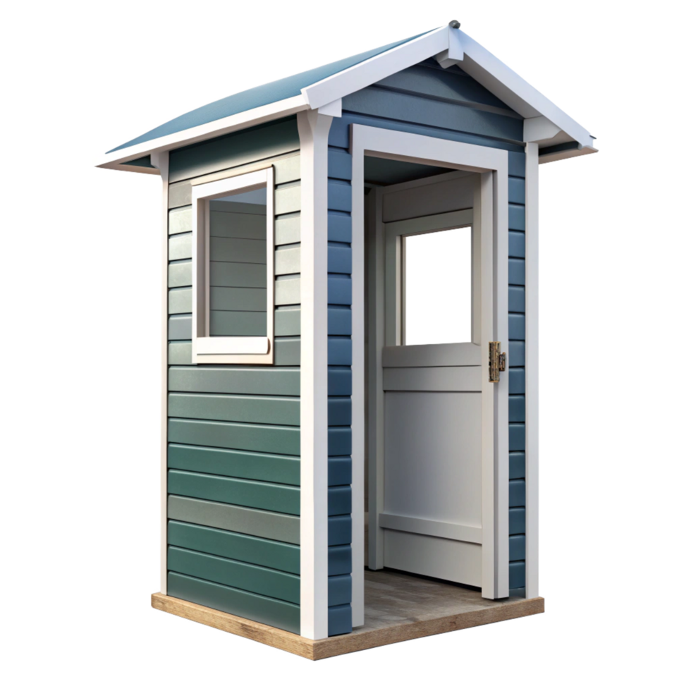Charming Teal and White Outdoor Storage Shed with Wooden Base png