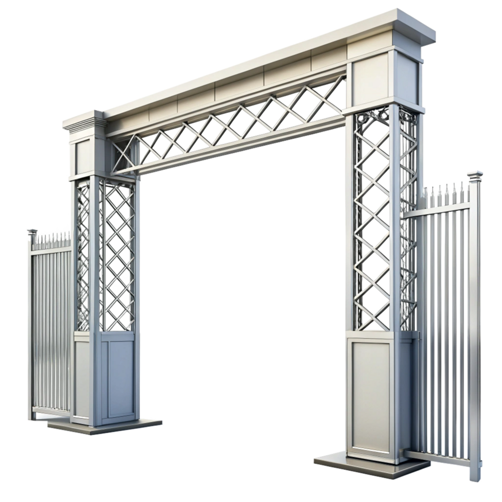 Modern Architectural Metal Gate Entrance with Xshaped Framework and Sliding Panels png