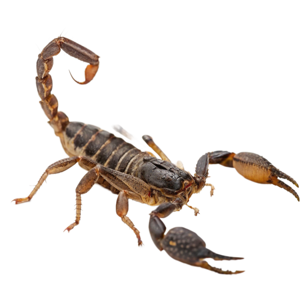 Closeup of a brown desert scorpion with curved tail and prominent claws png