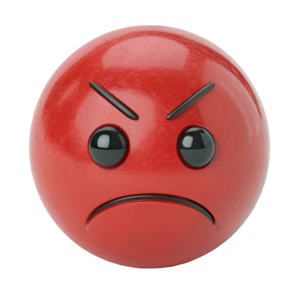 3D Render of an Angry Red Emoticon Sphere with Frowning Face and Dark Eyebrows png