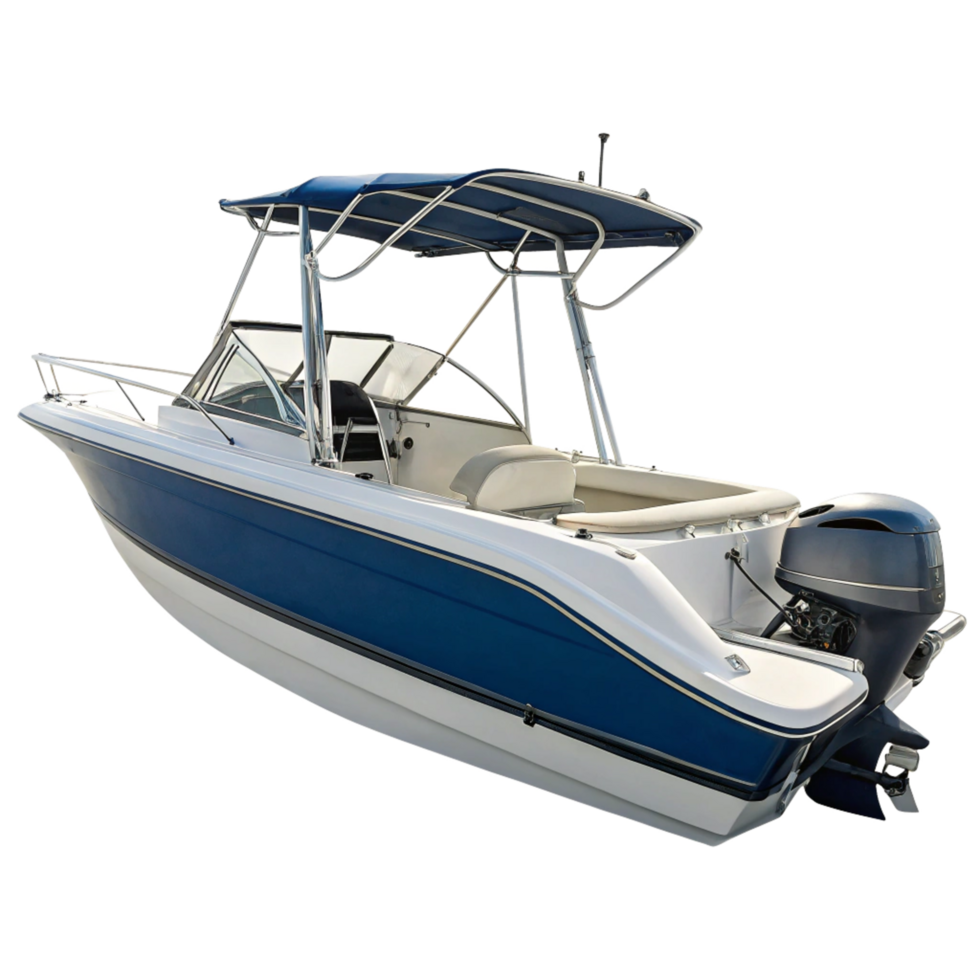 Luxury Blue and White Motor Boat with TTop and Outboard Motor png