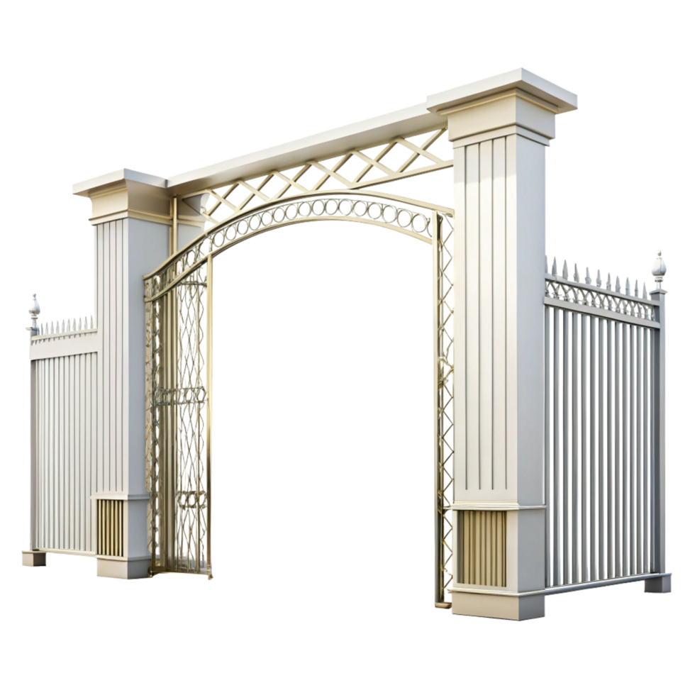 Elegant White and Gold Arch Gate with Ornate Fence Design png