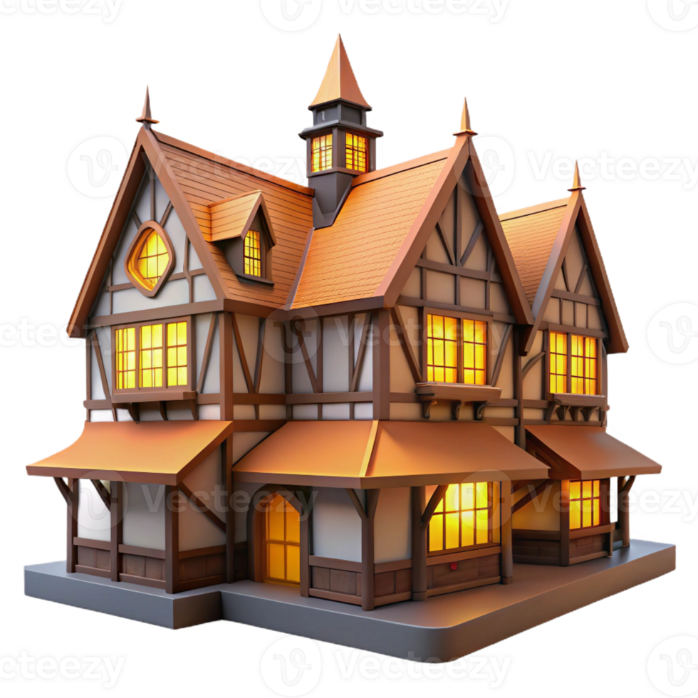 impressive traditional Tudor architecture, half-timbering, gabled roofs, warm light, historical style exclusive png