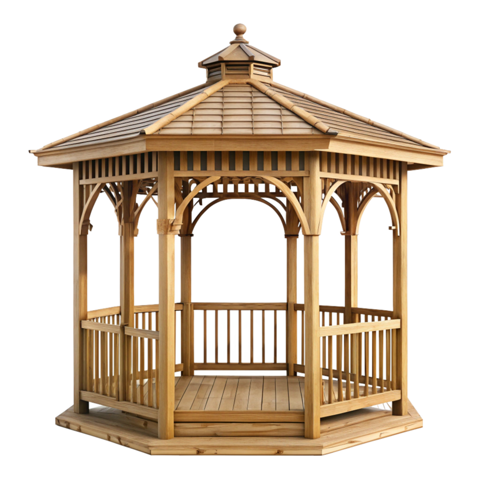 Elegant Octagonal Wooden Gazebo with Shingle Roof and Railing for Garden or Backyard png