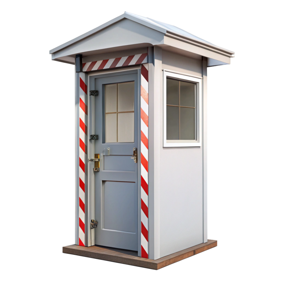 Exterior view of a small gray security booth with red and white striped accents png