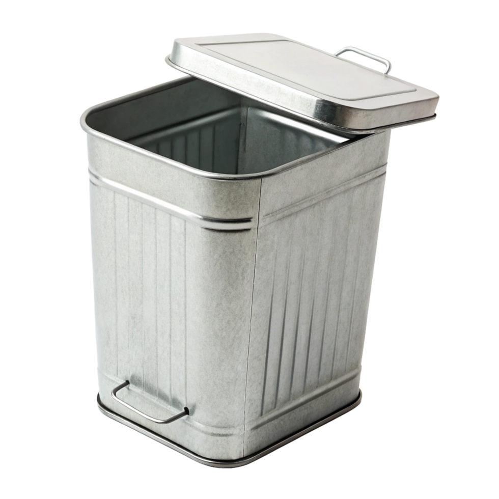 A galvanized metal trash can with a hinged lid and side handles, perfect for bathrooms or small spaces png