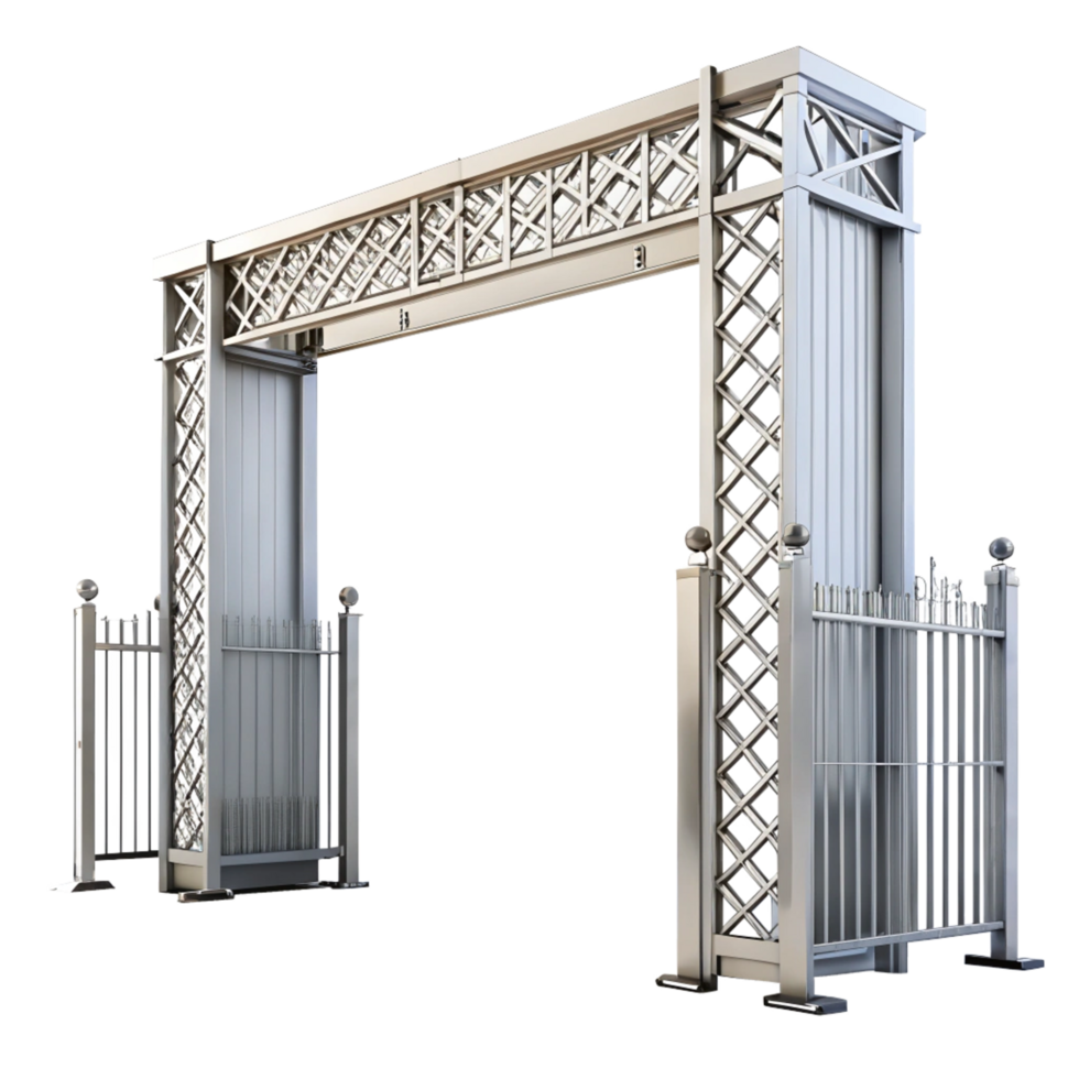 Modern Metal Archway Entrance with Decorative Fencing and Gate png