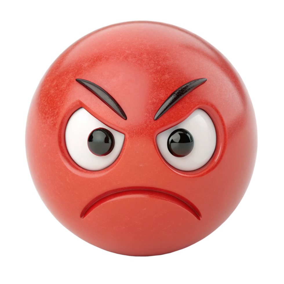 Angry Red Emoticon 3D Render Illustration, Frowning Face with Glowering Eyes and Furrowed Brows png