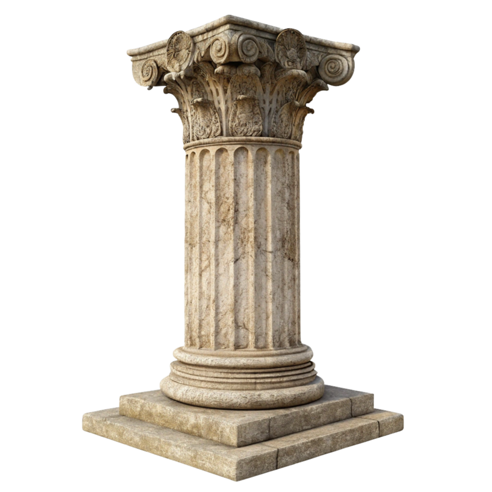 Ancient Greek Style Stone Column with Detailed Capital and Square Base Isolated on Black Background png