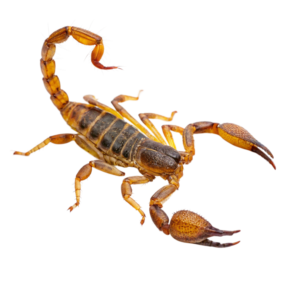Closeup view of a Desert Scorpion with detailed body segments and claws against a black background png