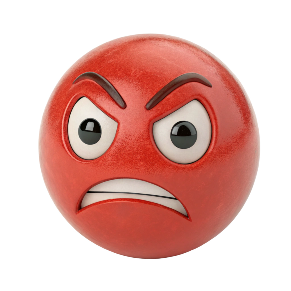 3D Render of an Angry Red Emoticon Ball with Frowning Expression and Glaring Eyes png