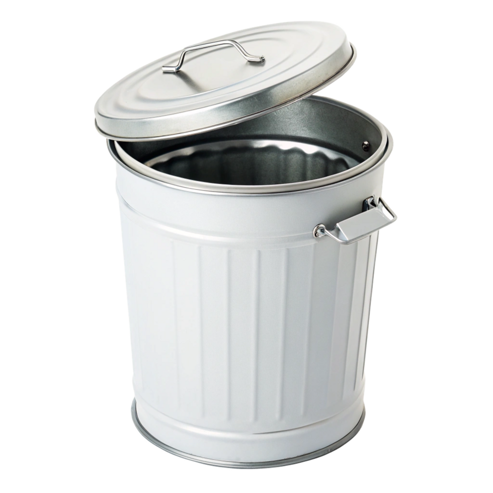 A white metal trash can with a lid slightly ajar, showing its ribbed texture and metallic interior png