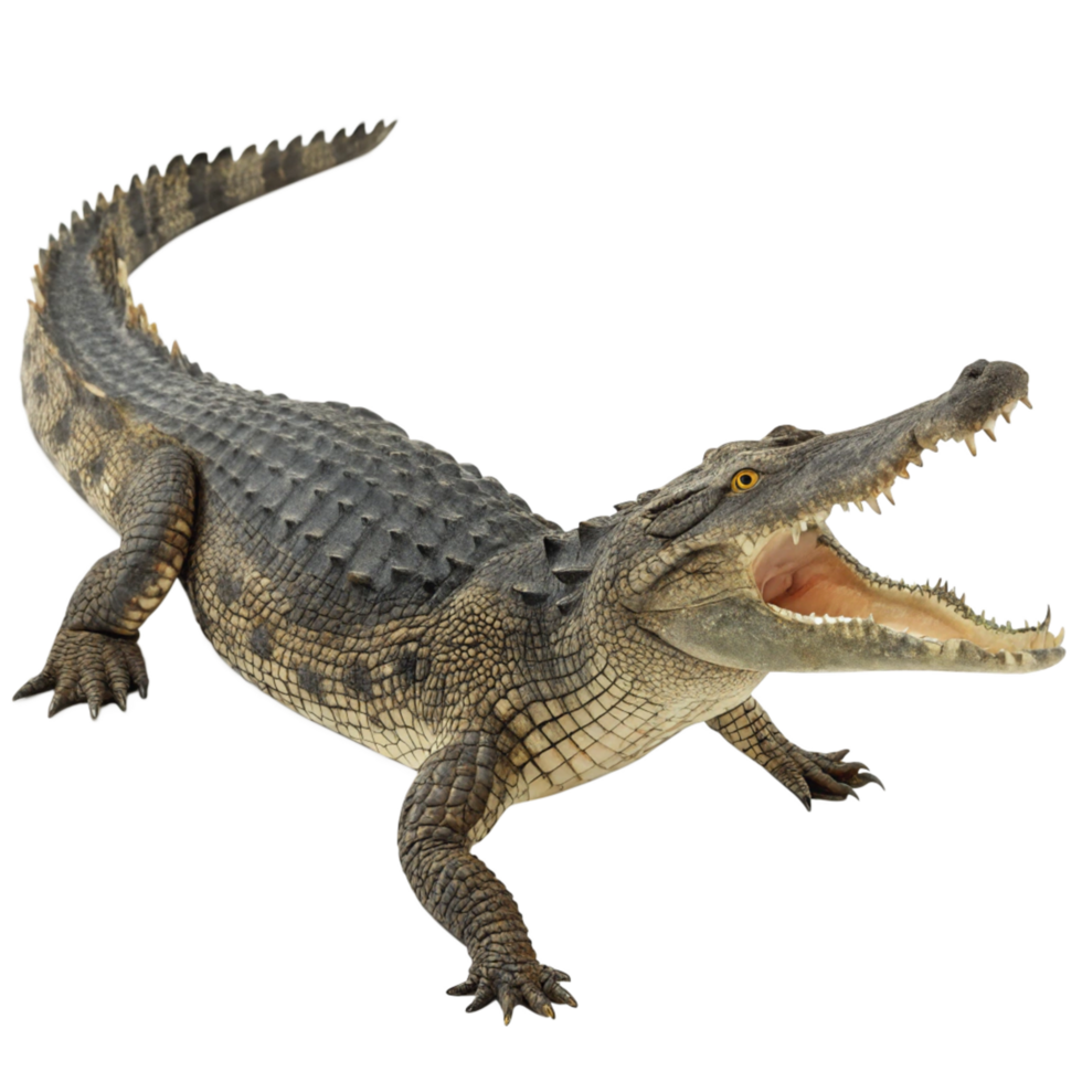 A large crocodile with its mouth open wide showing its sharp teeth on a black background png