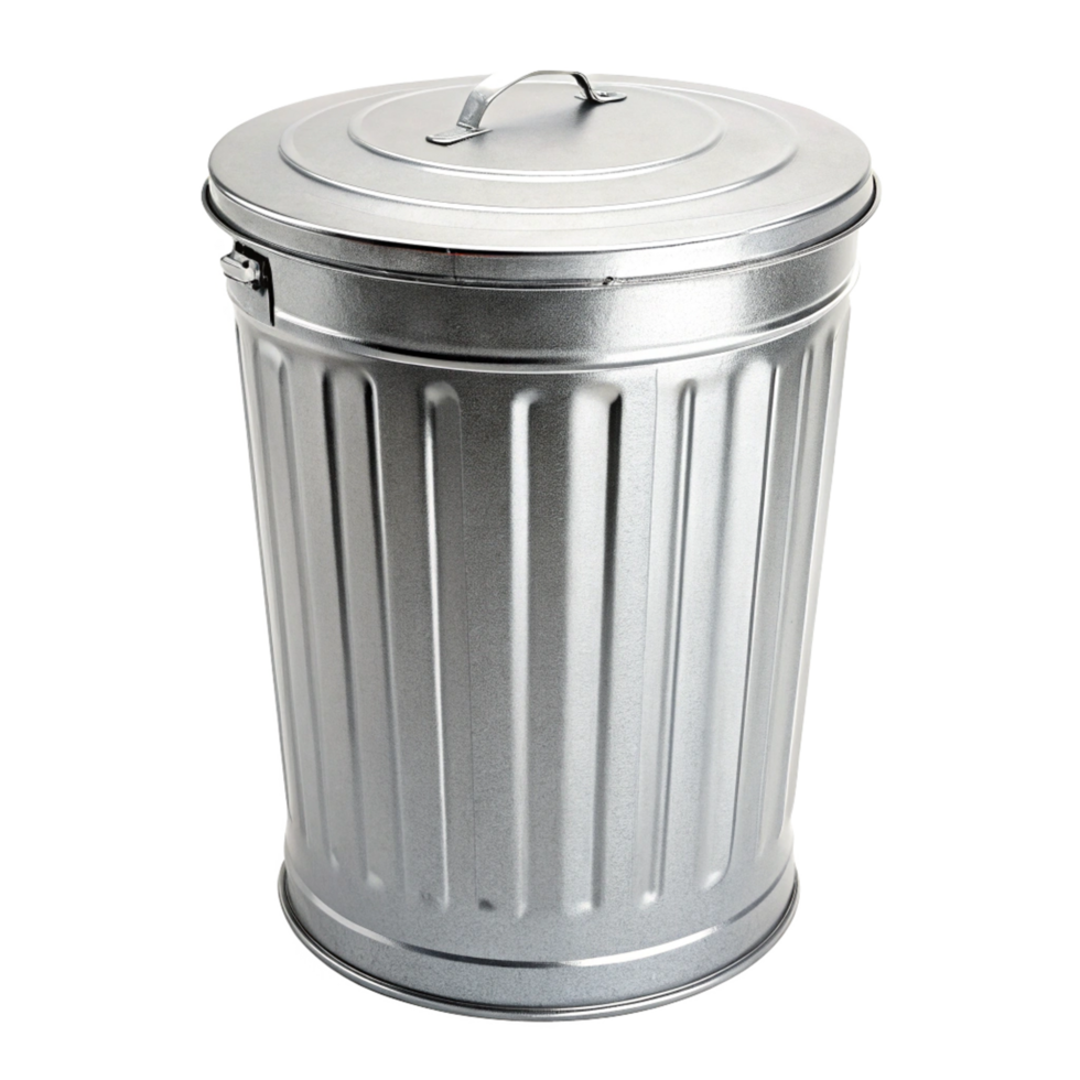 A detailed close up of a galvanized steel trash can with a lid and handle png