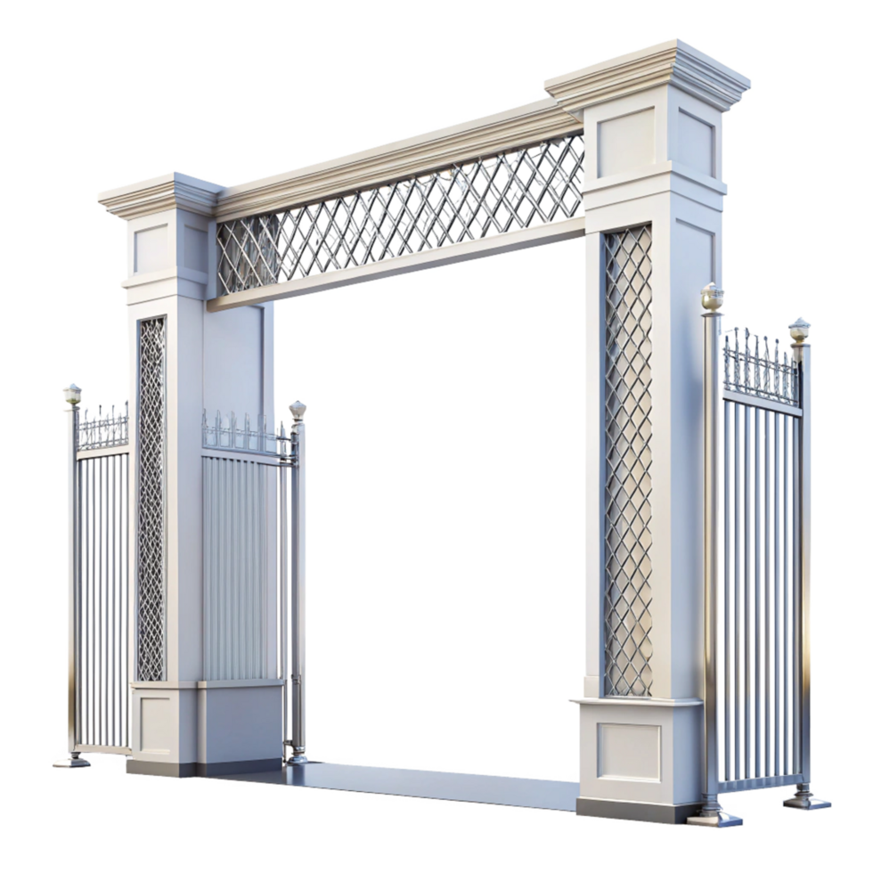 Elegant White and Silver Entrance Gate with Ornate Design png