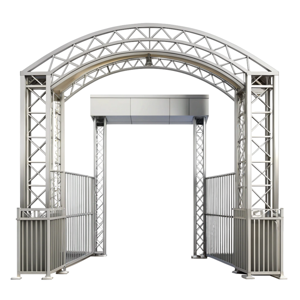 Modern Metal Archway Entrance with Security Gates and Truss Structure png