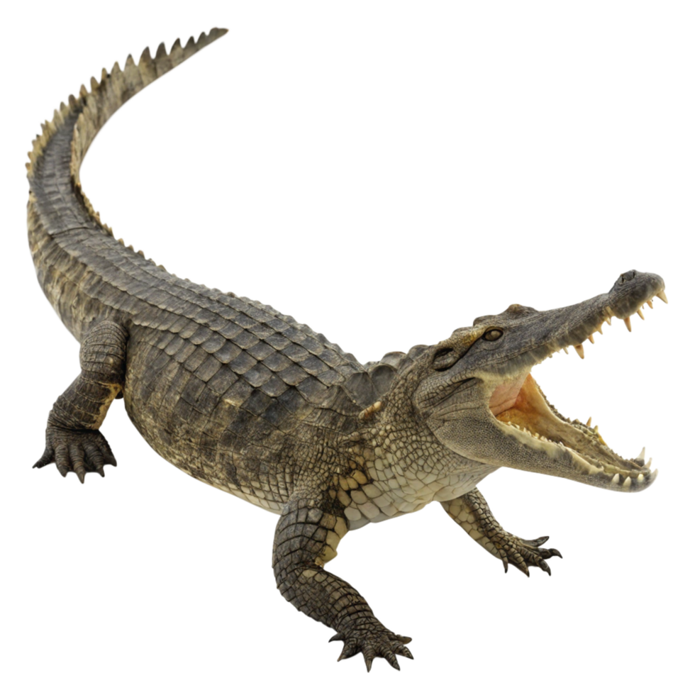 A large crocodile with its jaws open wide showing sharp teeth, powerful legs and a long scaly tail isolated on black background png