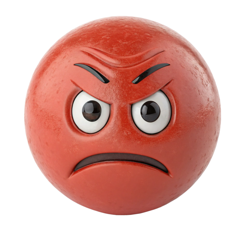 3D Render of an Angry Red Emoticon Ball with Frowning Face and Furrowed Eyebrows png
